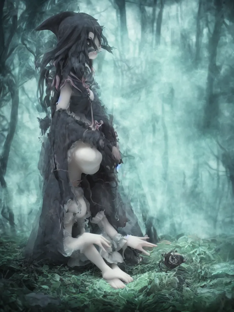 Image similar to cute fumo plush of a frail cursed witch girl wandering the depths of the forbidden jungle, gothic wraith maiden, wispy smoke and volumetric fog, beyond the mirror, filmic, symmetric beauty, vignette, vray