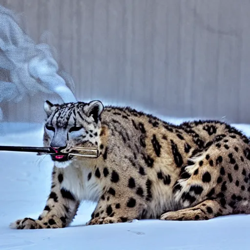 Image similar to Snow leopard smoking a joint, smoke clouds, award-winning photo