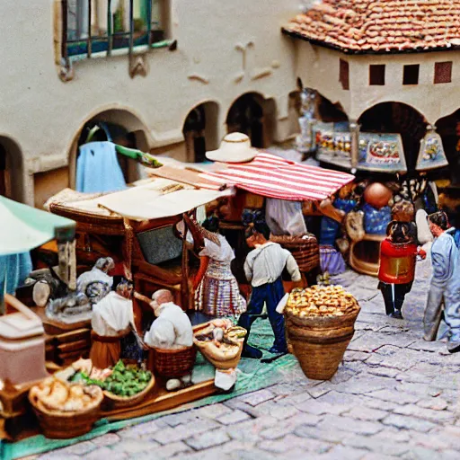 Image similar to a miniature model a busy medieval Mediterranean street market 35mm