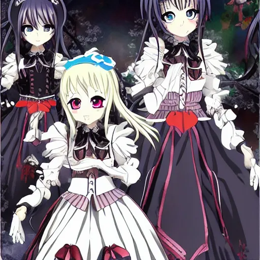 Prompt: Anime key visual of Gothic lolita in battle, official media