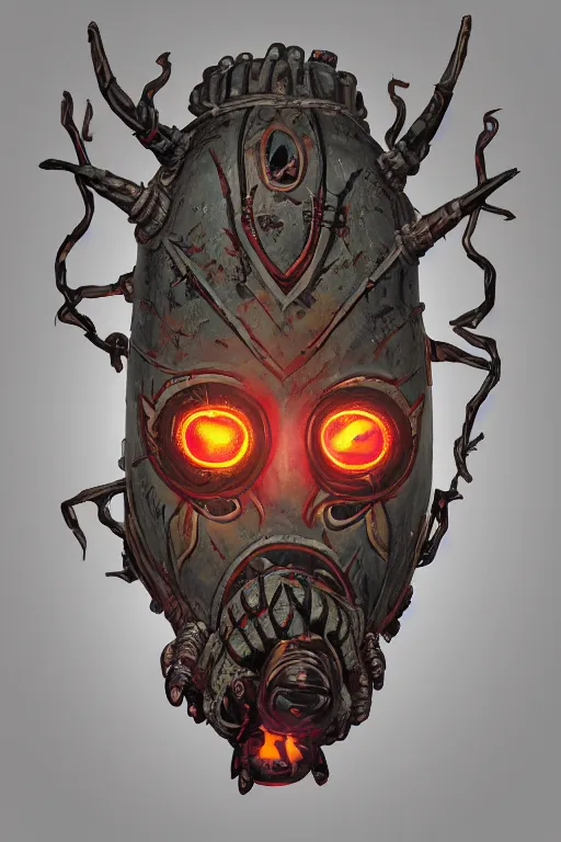 Image similar to tribal vodoo mask eye radiating a glowing aura global illumination ray tracing hdr fanart arstation by ian pesty and katarzyna da „ bek - chmiel that looks like it is from borderlands and by feng zhu and loish and laurie greasley, victo ngai, andreas rocha, john harris wooly hair cut feather stone