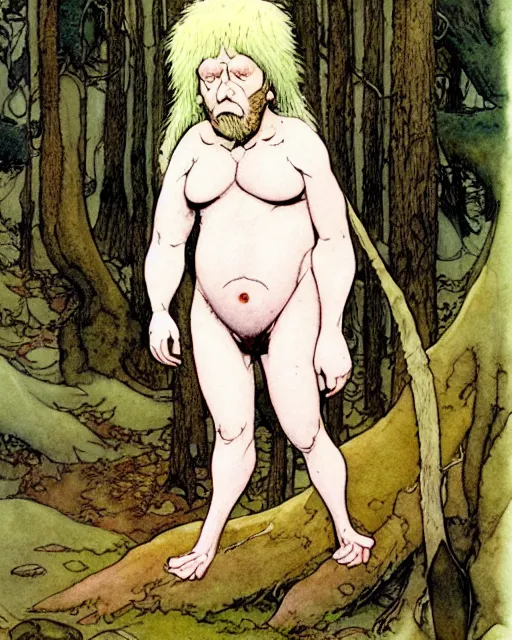 Image similar to a realistic and atmospheric watercolour fantasy character concept art portrait of a short fat chibi albino bigfoot in the forest. by rebecca guay, michael kaluta, charles vess and jean moebius giraud