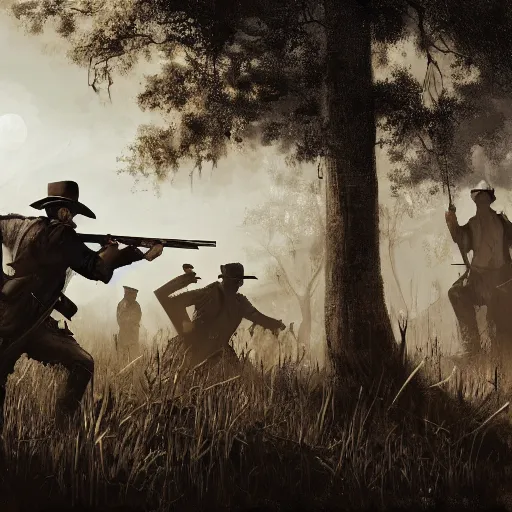 Image similar to a digital painting of a gunfight in hunt showdown, western era, hyper realistic, horror, back lighting, luisiana, in the style of greg rutkowski,