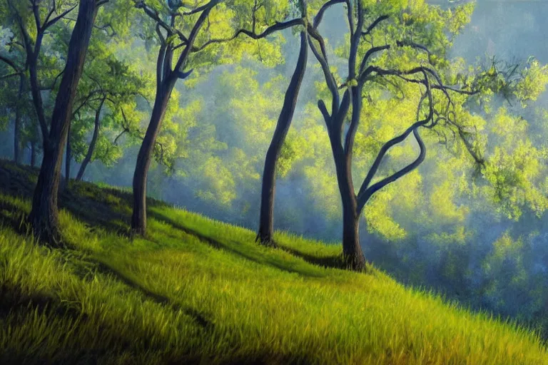 Prompt: masterpiece painting of oak trees on a hillside overlooking a creek, dramatic lighting, by april gornik