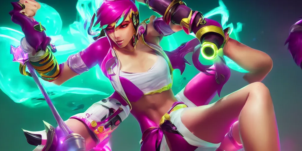 Image similar to skin concept art of pretty Arcade Akali (League of Legends) in KDA music video. 3d render, octane render, game art, realistic, highly detailed, trending on artstation, 4k, trending on artstation, pixar, cgsociety, unreal engine 5, redshift render, trending on artstation, blender, behance, cg