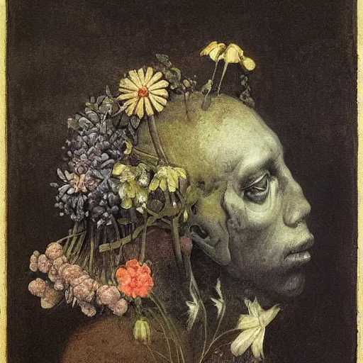 Image similar to a severed head with flowers and plants growing, by Odd Nerdrum, by Francisco Goya, by M.C. Escher, beautiful, eerie, surreal, colorful