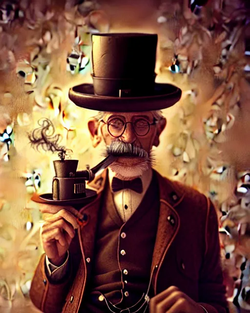 Image similar to steampunk old man portrait, handsome, steampunk hat, detective coat, steampunk monocle, smoking pipe, hyper realistic 3 d render by ilya kuvshinov, peter mohrbacher, greg rutkowski, ryohei hase, dramatic lighting, intricate, highly detailed, sharp focus, luminous, unreal engine, blender, deviant art, masterpiece, ray tracing