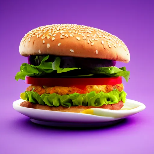 Image similar to a stock photo of a cheeseburger on a purple background, product photography, f 2. 4, bokeh effect, award winning