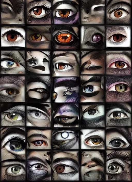 Image similar to grid montage of cube shaped eyes cubes, square shaped black dilated pupils cubes, cube shaped irises, detailed colored textures, lashes, advanced art, art styles mix, wet reflections in square eyes, sunshine light, hd macro photograph, from side, various cune eyelid positions, square black pupil centered