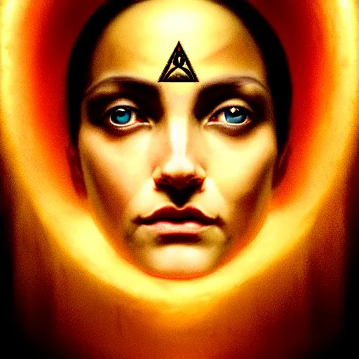 Image similar to portrait of a illuminati goddess, face with the third eye, third eye on her forehead, atmospheric lighting, painted, intricate, volumetric lighting, beautiful, rich deep colours masterpiece, golden hour, sharp focus, ultra detailed, by Leesha Hannigan, Ross Tran, Thierry Doizon, Kai Carpenter, Ignacio Fernández Ríos