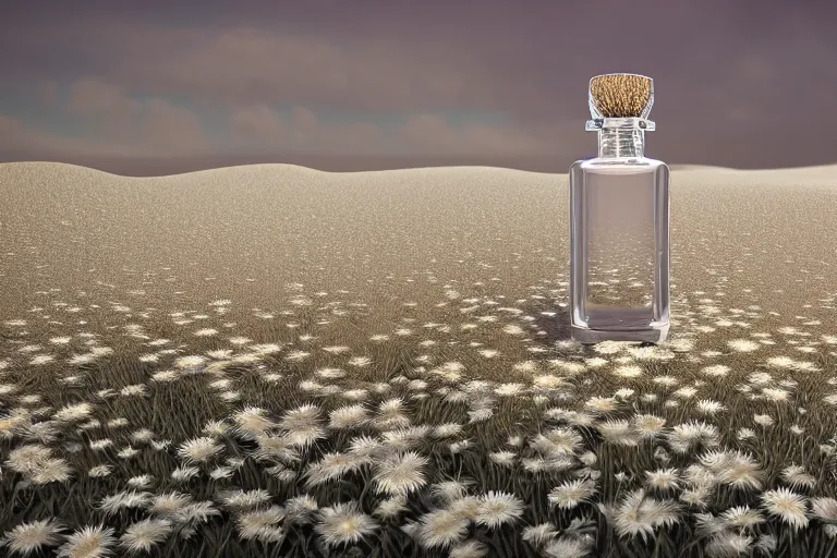 Image similar to perfume bottle buried frosted daisy flowers, dramatic, mid day, sand dune background, large scale, hyperrealistic, lots of detail, realistic lighting, octane render, by wlop, artgerm, trending on artstation