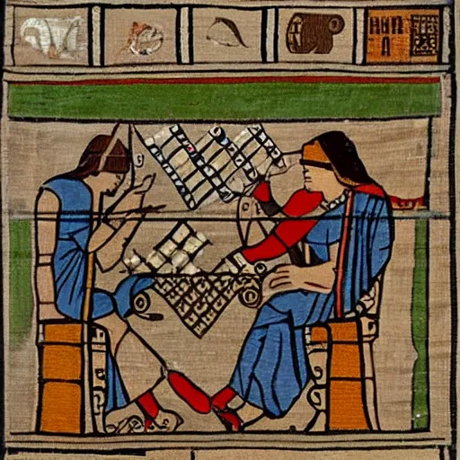 Prompt: an angel and a devil playing chess in the style of the bayeux tapestry