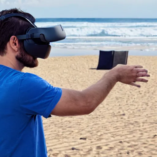 Prompt: a man wearing a vr headset on the beach