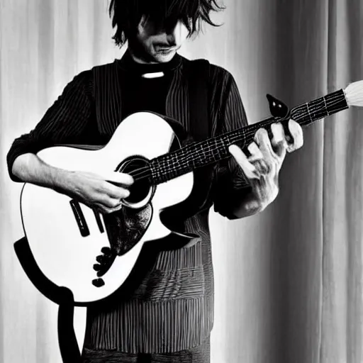 Prompt: Jonny Greenwood playing a guitar in a black and white photo, a black and white photo by Colin Greenwood, featured on tumblr, toyism, groovy, psychedelic, ilya kuvshinov