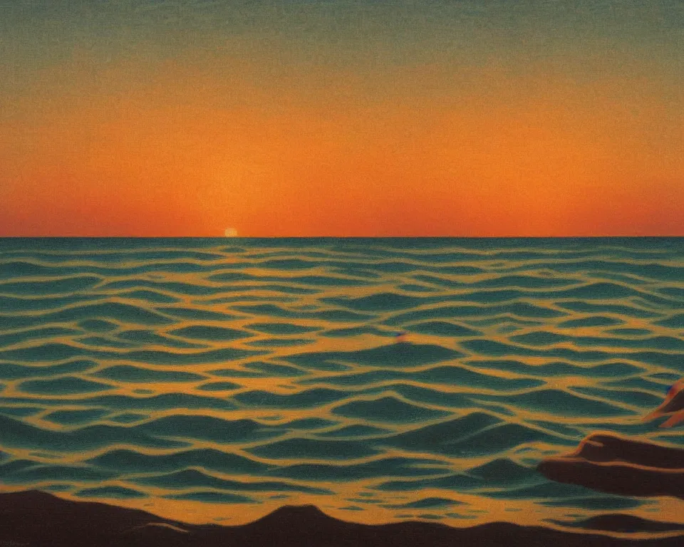 Image similar to an achingly beautiful print of an ocean sunset by Raphael, Hopper, and Rene Magritte. detailed, romantic, enchanting, trending on artstation.