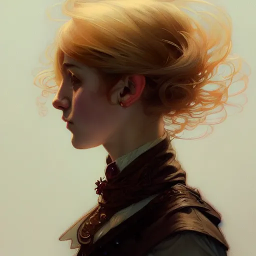 Image similar to portrait of a scottish teenage girl with dark blonde hair, glowing skin, intelligent face, fantasy, intricate, elegant, dress shirt, highly detailed, digital painting, artstation, concept art, smooth, sharp focus, illustration, art by Krenz Cushart and Artem Demura and alphonse mucha