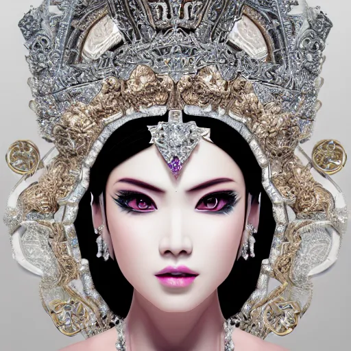 Image similar to portrait of wonderful asian princess of white diamond with fair skin, ornate with white diamonds, 8 k, gorgeous, intricate, hyper detailed, glowing white accent lighting, dramatic lighting, octane render