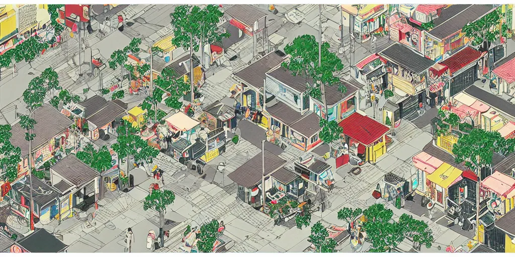 Image similar to isometric view illustration of a rural japanese street corner, by Victo Ngai