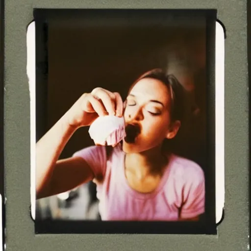 Prompt: a very beautiful picture of a young women eating ice cream in new york, polaroid, award winning photography