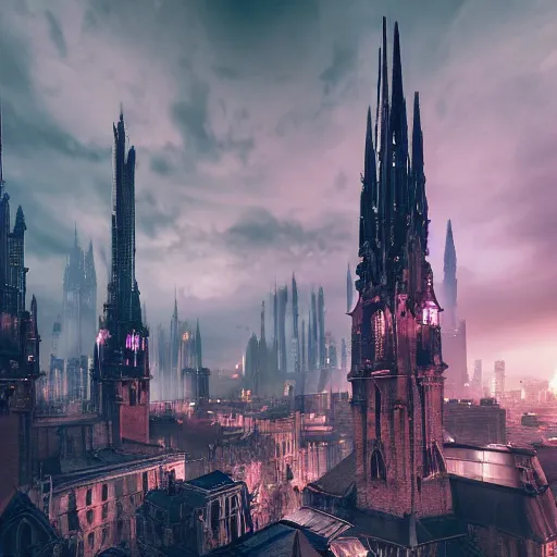 Image similar to octane render of a gothic city with an overcast sky, tall spires, steampunk, cyberpunk, high - definition, alienating, imposing, imperious, malevolent, moody, landscape, distant, vast, cityscape, skyline, neon, glowing, flying vehicles, long shot, timelapse, 4 0 k, warhammer 4 0 0 0 0, zdzisław beksinski