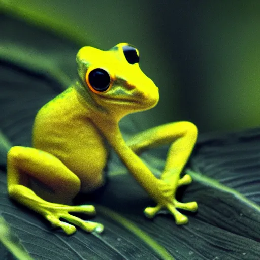 Prompt: small yellow dart frog, chilling on a leaf, in jungle, by giger alien artist, from alien movie, rule of thirds, extreme detail, 4 k, detailed drawing, trending artstation, realistic lighting, sharp focus, backlit