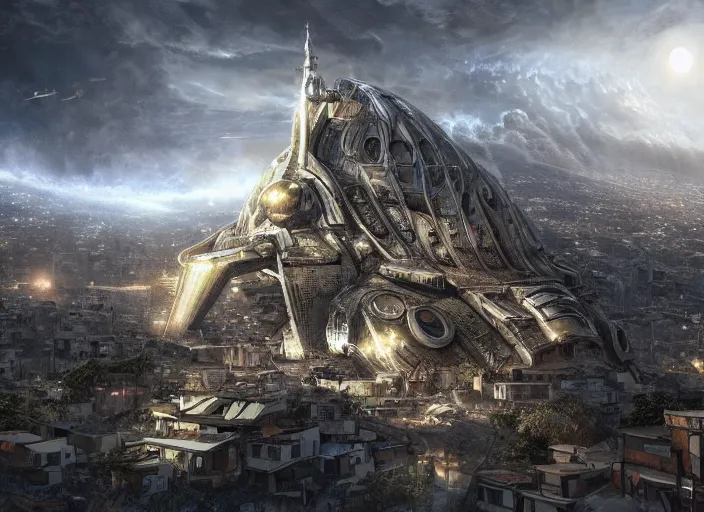 Image similar to favela spaceship cathedral, apocalypse environment, sorcery, scenery, professional, award - winning, trending on artstation, hyper detailed, realistic, beautiful, emotional, shiny, somber, picture