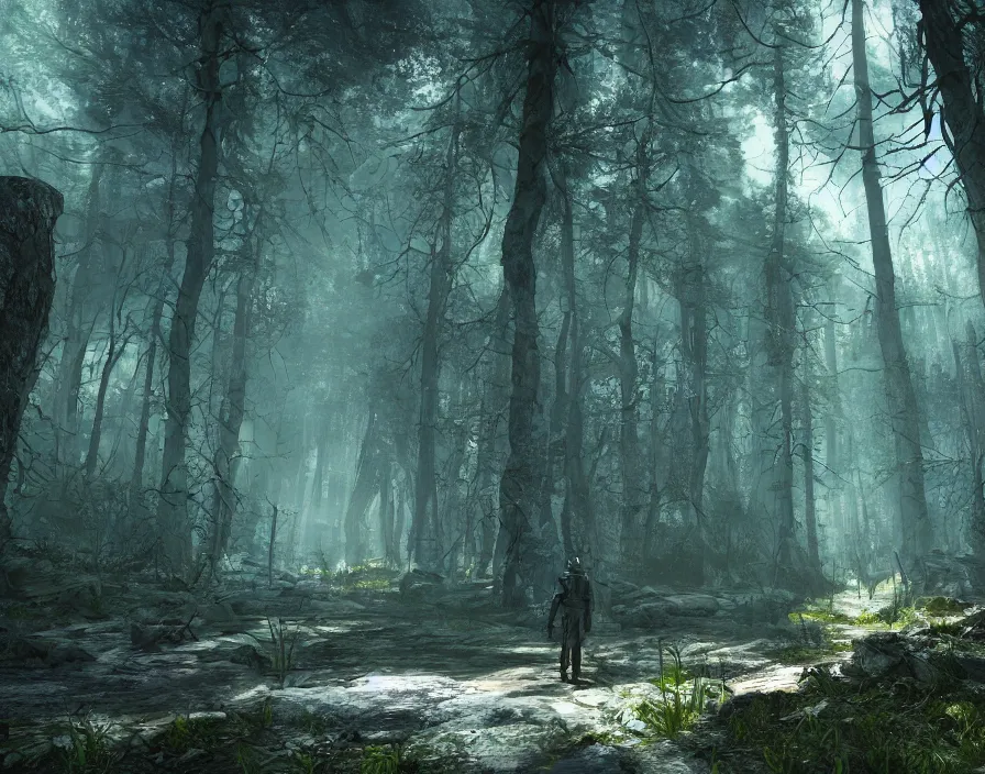 Image similar to stalker anomaly in radioactive forest, beautiful graphics, fantasy artwork, very beautiful scenery, hd, hdr, ue 5, ue 6, unreal engine 5, cinematic 4 k wallpaper, 8 k, ultra detailed, by popular digital, details, beautiful image ever created, high resolution, artstation, award winning