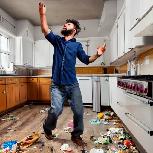 Image similar to photo of a man dancing in the kitchen, full of trash, garbage, shutterstock, getty images, istockphoto,