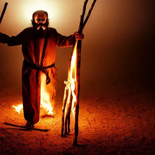 Image similar to full body shot of hanging old asian man with long beard, his head covered in roots, full face occult silver mask, bright multiple glowing eyes, holding a large carved wooden dark fractal stick, hanging upside down, thick smoke around him, in the burning soil desert, cinematic shot, wide angle, dark desert background, volumetric lighting by Denis Villeneuve, Lubezki, Gaspar Noe, Christopher Doyle and Alejandro Jodorowsky, anamorphic lens, anamorphic lens flares, kodakchrome, cinematic composition, practical effects, award winning photo, 8k