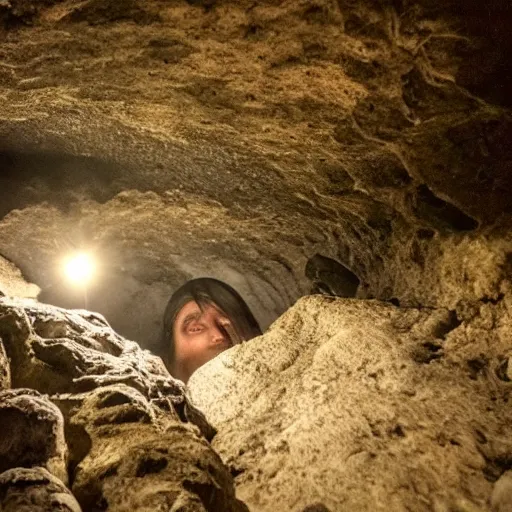 Image similar to photo inside a cavern of a scary wet reptilian humanoid partially hidden behind a rock watching a tourist