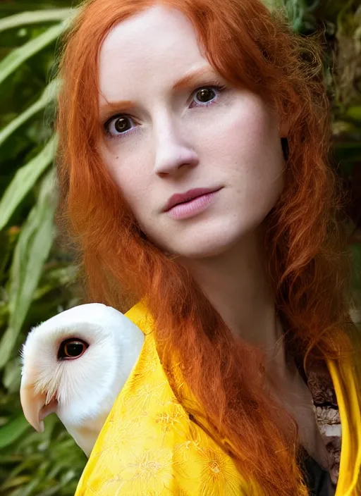 Prompt: portrait photograph of beautiful young redhead female model , symmetric face, symmetric bright eyes, slight smile, natural light, wearing a yellow kimono with a very detailed barn owl on her shoulder!!! in a tropical greenhouse. Masterpiece!! looking at the camera!!. super resolution. Extremely detailed.