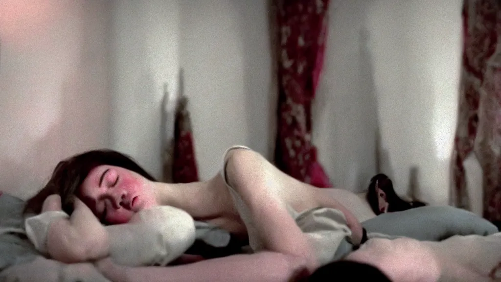 Prompt: movie still of a girl having sleep paralysis, cinematic composition, cinematic light, criterion collection, vivid colors, by alejandro jodorowsky