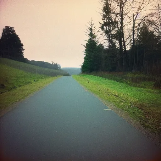 Image similar to Beautiful cameraphone, soft liminal Photograph of an estate road, early morning, small flat lake in the background