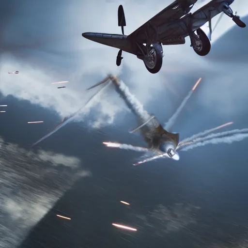 Prompt: an epic dogfight between a p 3 8 lightning, full color, 8 k cinematic photography, explosions in the background, parachutes, ultra realistic digital art, unreal engine, style of keith