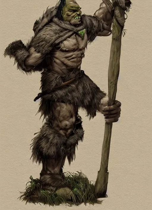 Prompt: Portrait of a Half Orc Druid holding a wooden totem, solid background, Fantasy Art, Dungeons ad Dragons, Frazetta