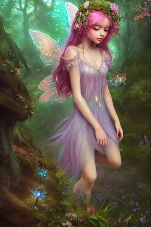 Image similar to a cute and geogerous fairy in the dreamy forest, fantasy, dreamlike, 8 k resolution, hyper detailed, d & d, character design, digital painting, trending on artstation, sharp focus, illustration, art by viktoria gavrilenko, hoang lap, fuji choko, steve zheng,