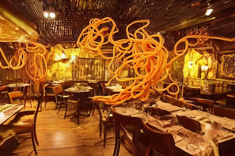 Image similar to magical restaurant serving tentacle-spaghetti to wizards