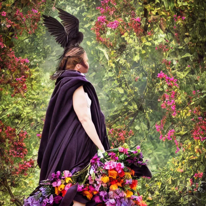 Image similar to a harpy wearing a cloak made of flowers, by Omar Z. Robles, CANON Eos C300, ƒ1.8, 35mm, 8K, medium-format print