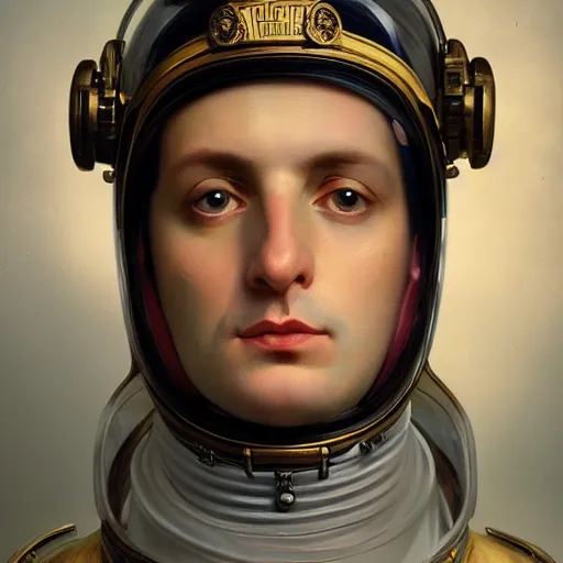 Prompt: portrait of divine emperor napoleon bonaparte, fighter pilot, astronaut, glass visor, handsome, dieselpunk steampunk napoleonic french baroque, metal shoulder pauldrons, intricate, highly detailed, digital painting, artstation, concept art, sharp focus, cinematic lighting, illustration, art by artgerm and greg rutkowski, alphonse mucha, cgsociety