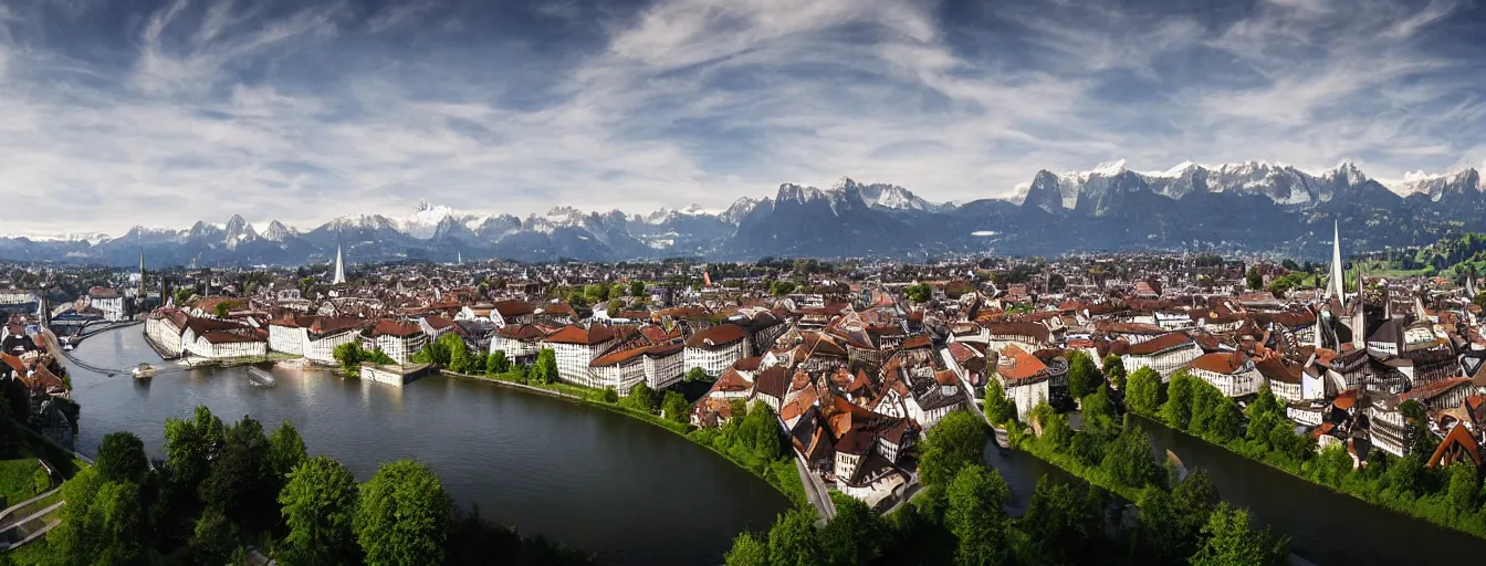 Prompt: Photo of Zurich, looking down the river at the lake and the alps, Hardturm, Grossmünster, wide angle, trees, volumetric light, hyperdetailed, caribean water, artstation, cgsociety, 8k