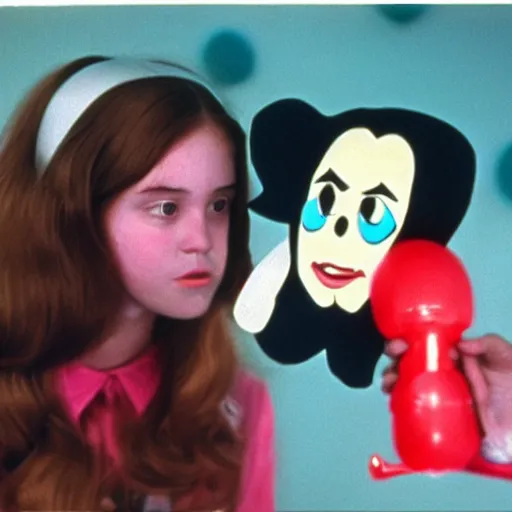 Image similar to a teenage girl with an inflatable cartoon head goes to high school, live-action john waters film, 1974, technicolor