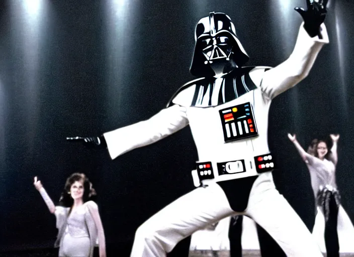 Image similar to film still of Darth Vader dancing as Tony Manero in Staying Alive 1983,