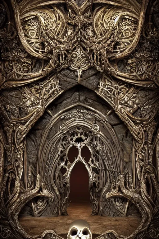 Image similar to extremely 3 d render detailed intricate ornate metallic bone carved concept art of hooded necromancer in front of a lovecraft portal