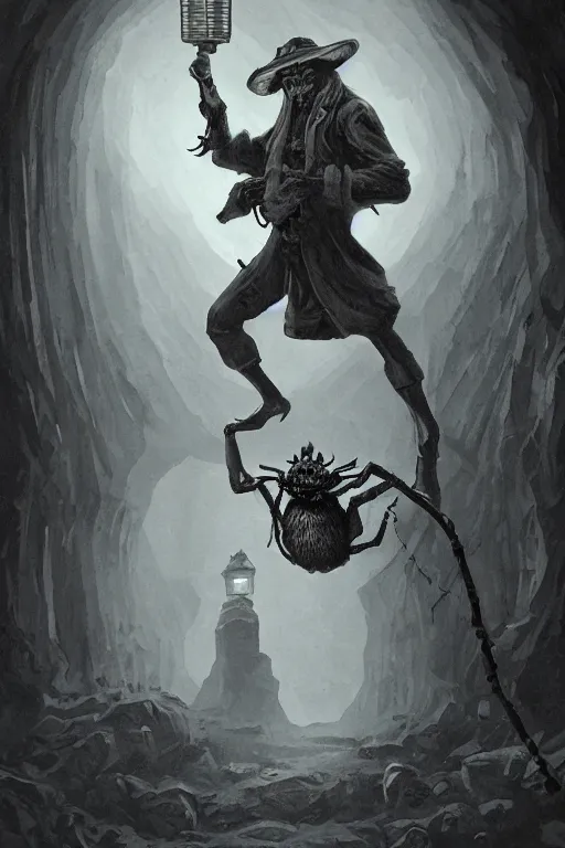 Prompt: an old - fashioned explorer with a lamp, in a dark tunnel with a monstrous spider behind him, in the style of gerald brom, dramatic lighting, low angle, wide angle, fantasy art, highly detailed digital art