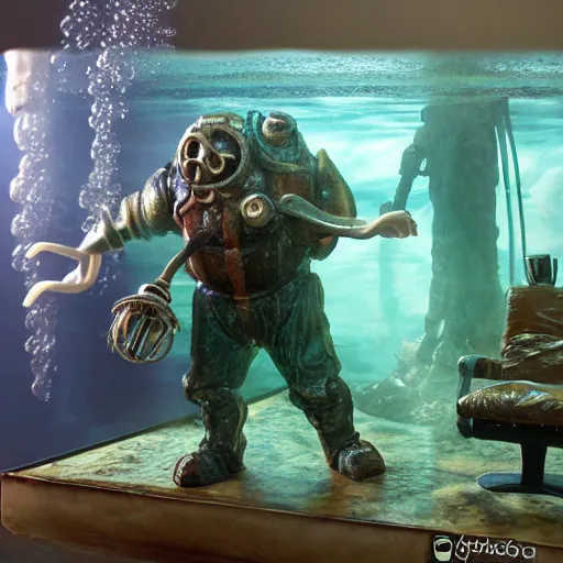 Image similar to big daddy from bioshock underwater realistic detailed diorama,