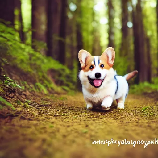 Image similar to 8k highly detailed photograph of a happy gnome riding the most adorable Corgi Puppy, on a forest hiking trail golden hour,