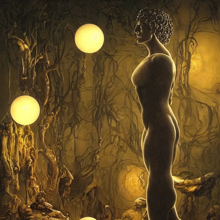 Prompt: a neoclassicist portrait of an otherworldly marble statue centered in view holding glowing orbs in a botanical sci - fi courtyard at night. reflective textures. glowing fog. highly detailed fantasy science fiction painting by moebius, norman rockwell, frank frazetta, and syd mead. rich colors, high contrast, gloomy atmosphere, dark background. artstation