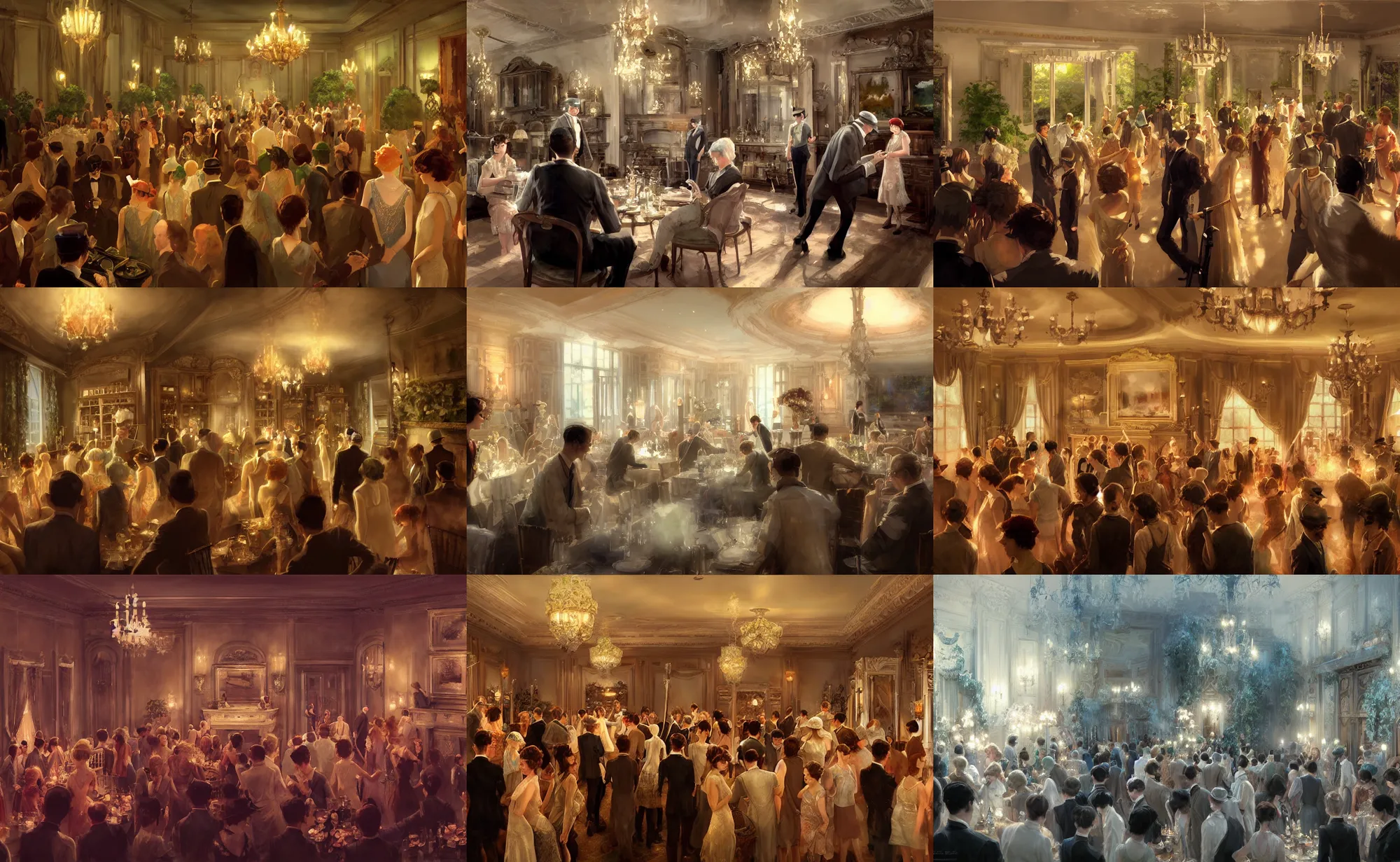 Prompt: craig mullins and ghibli and james gurney detailed digital painting of a 1 9 2 0 s grand party in a beautiful mansion, many partygoers, strong contrast, unreal engine, hyper realism, realistic shading, cinematic composition, realistic render, octane render, detailed textures, photorealistic, very wide shot, 3 5 mm film