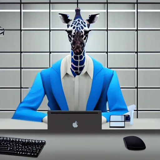 Prompt: concept art of blue giraffe in the office working on a computer, full view, full size, hyper detailed, digital art, artstati on, high definition cgsociety, sk, render, cinematic, symmetry, hyper realistic