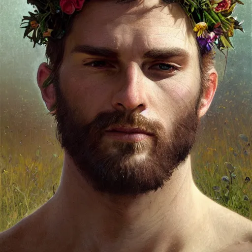 Image similar to portrait of the god of the meadow, 30 years old, meadow, flower crown, rugged, male, gorgeous, detailed face, amazing, hairy torso, muscular, intricate, highly detailed, digital painting, artstation, concept art, sharp focus, illustration, art by greg rutkowski and alphonse mucha